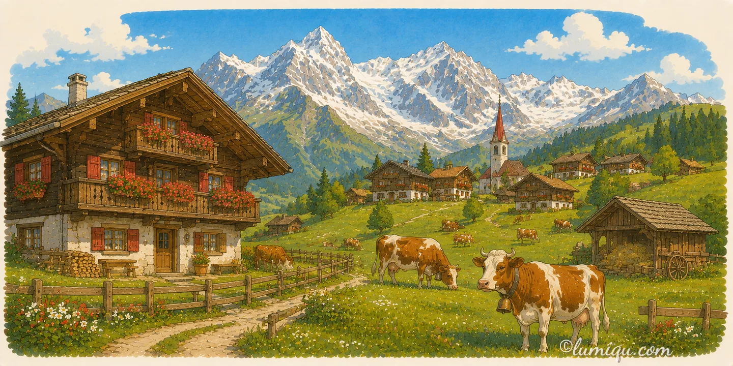 スイスの街かどのイメージイラスト