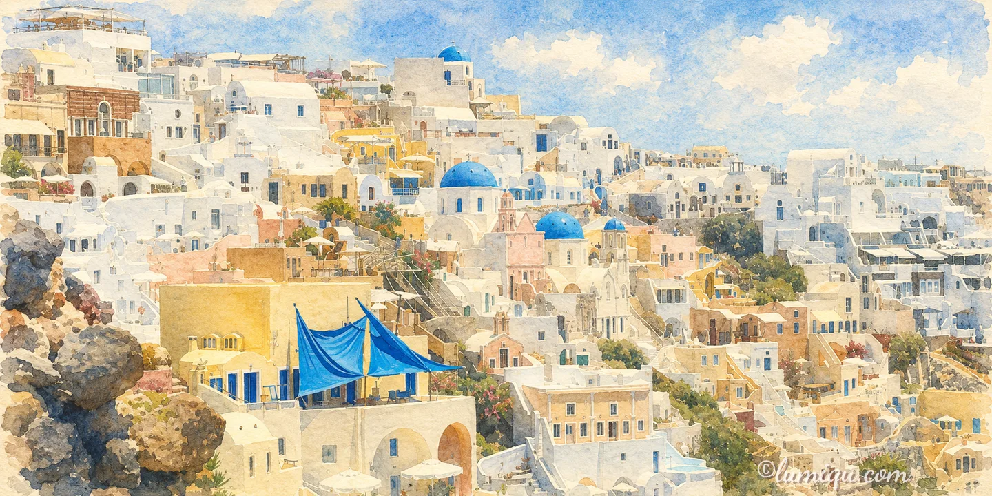 サントリーニ島／イアの青いドーム（ギリシャ）のイラスト