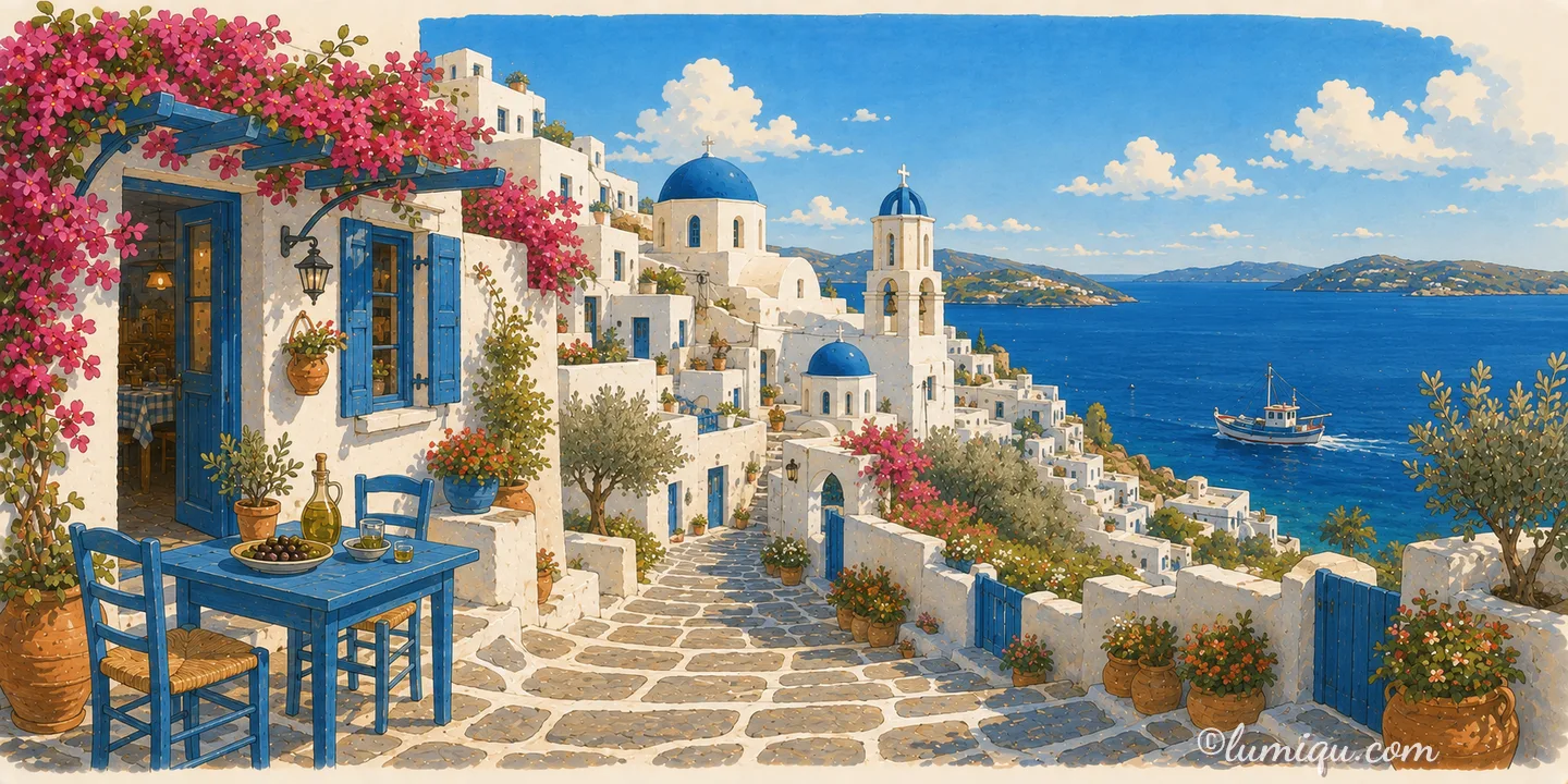 ギリシャの街かどのイメージイラスト