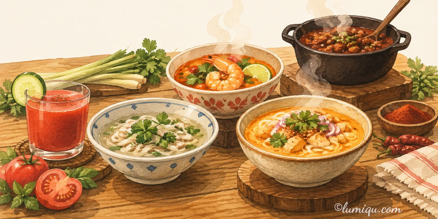 世界のスープ10選。冷たい一杯から煮込みまで、家で作るための材料をそろえるのイメージイラスト