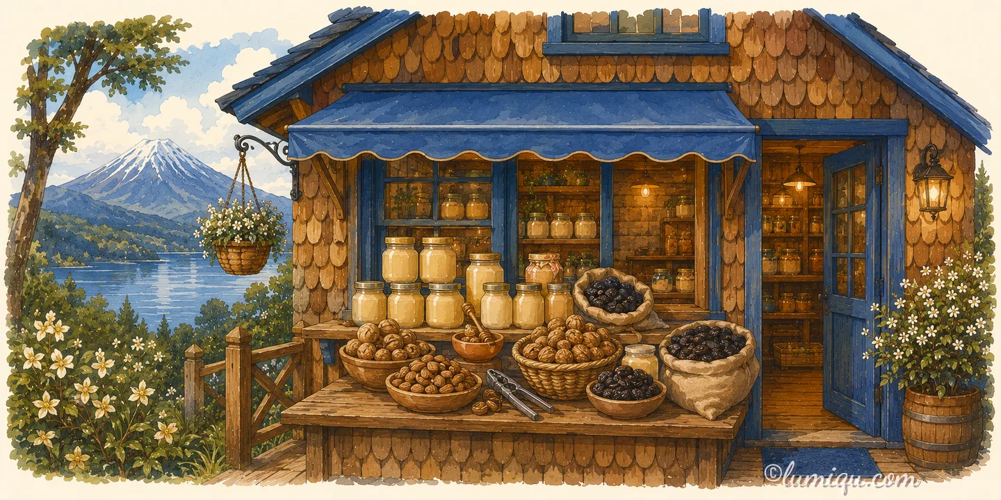 南の森の蜂蜜とナッツの店 オラスール（空想のお店）の店構えイラスト