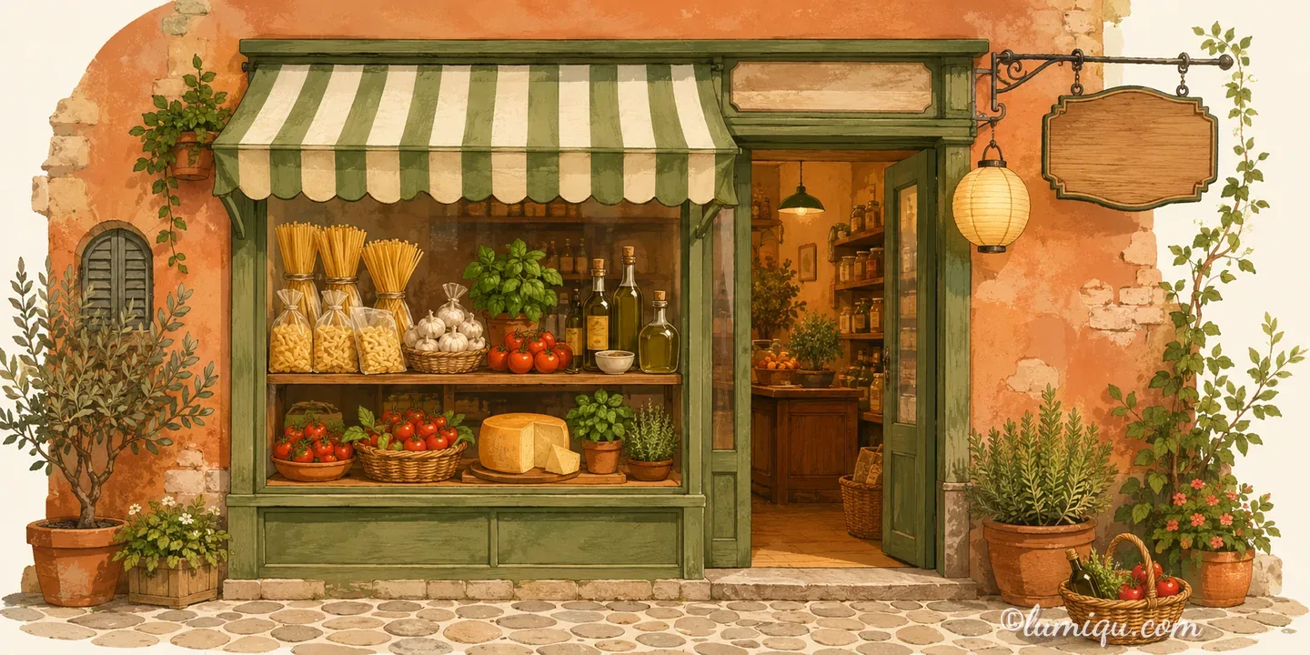 路地裏の食材店 グロチェリア（空想のお店）の店構えイラスト