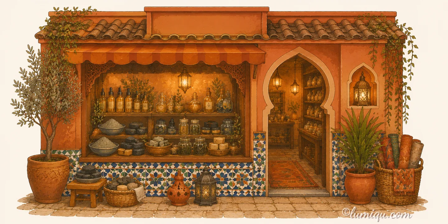 アルガンと石鹸の店 ハンムーム（空想のお店）の店構えイラスト
