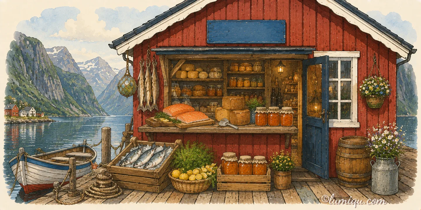 海と山の保存食の店 フィヨルド（空想のお店）の店構えイラスト