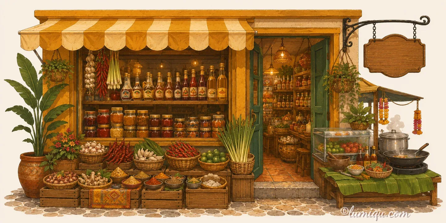 屋台の調味料店 サワディー（空想のお店）の店構えイラスト