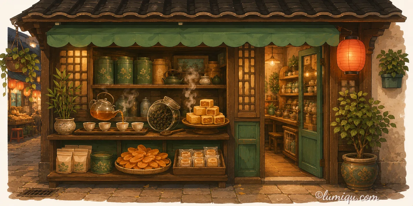 台湾茶とパイナップルケーキの店 福茶（空想のお店）の店構えイラスト