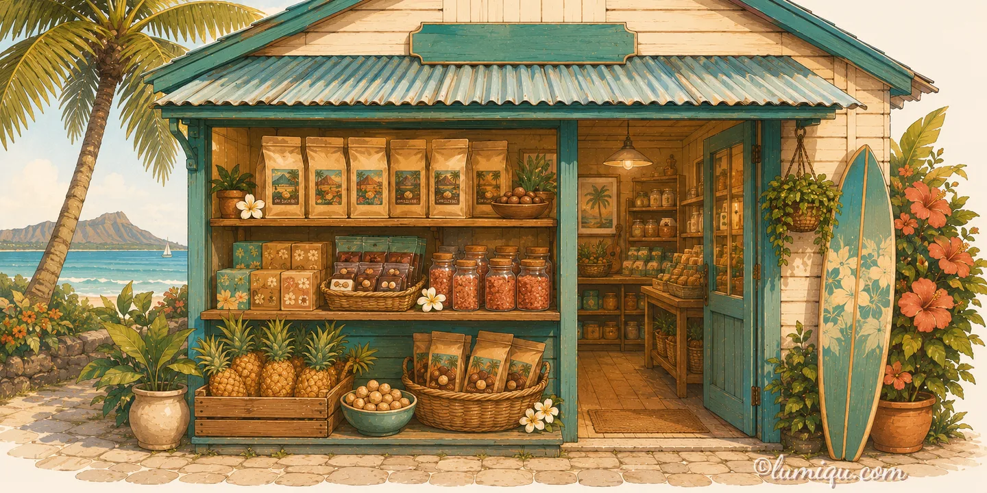 ハワイのコーヒーとおやつの店 アロハ・マーケット（空想のお店）の店構えイラスト