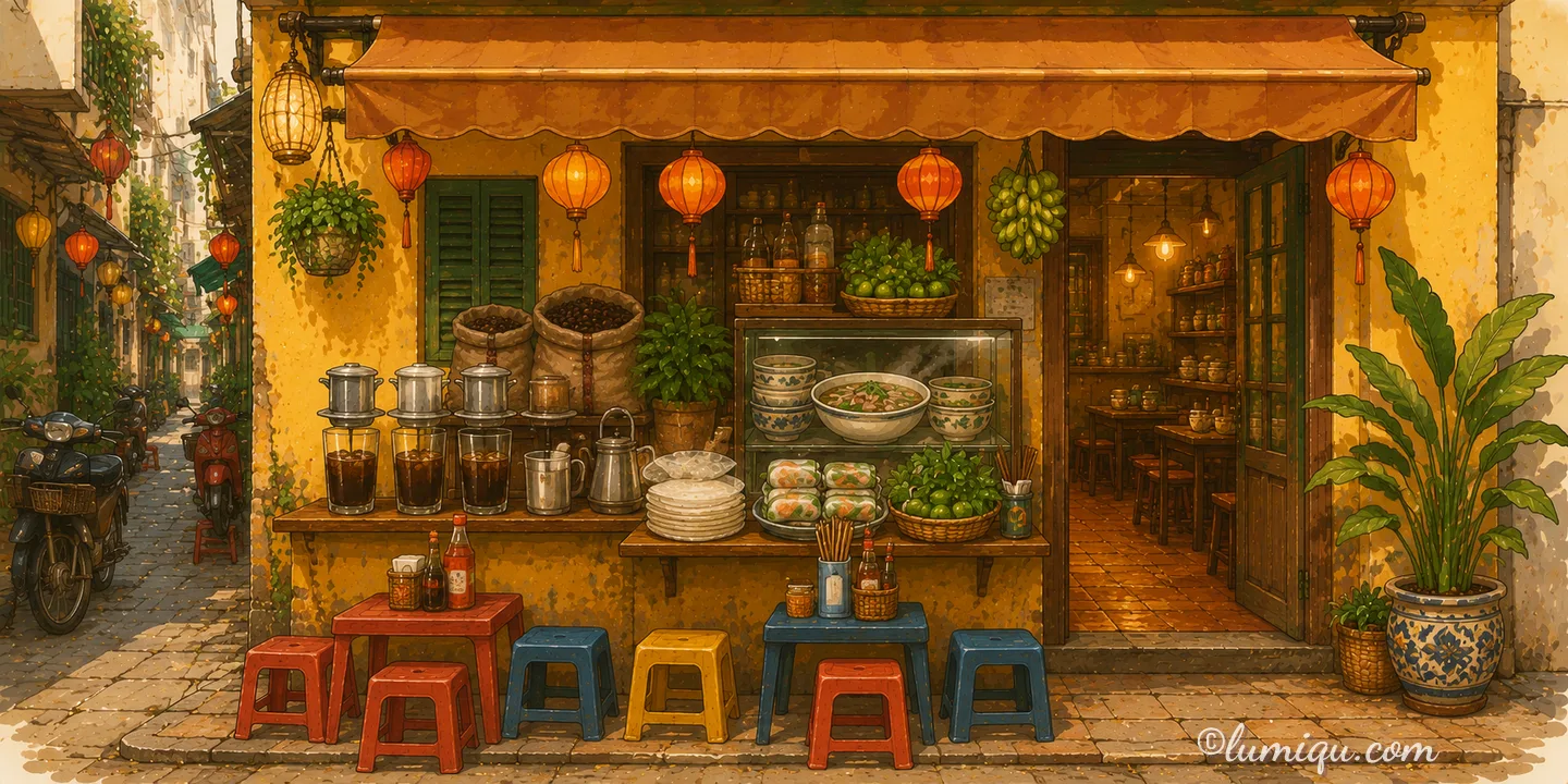 ベトナムコーヒーとフォーの店 シンチャオ（空想のお店）の店構えイラスト